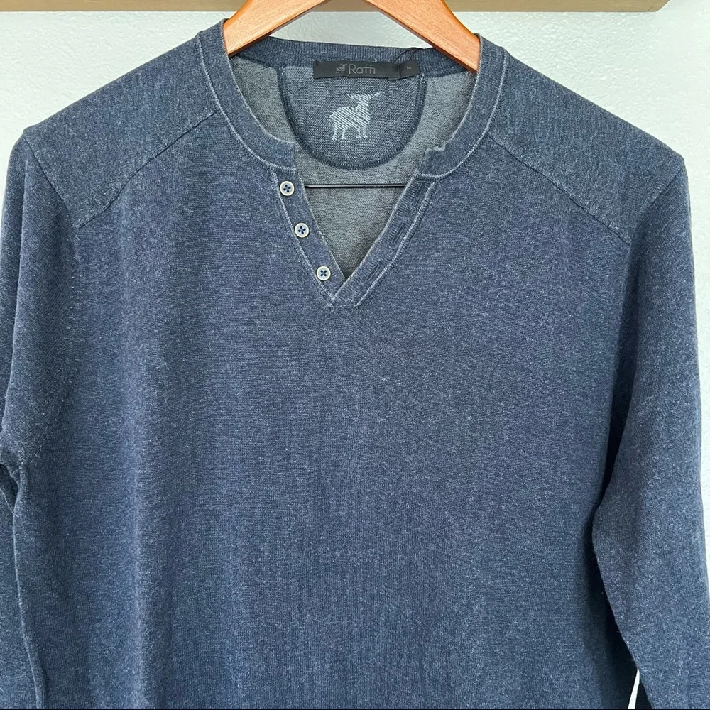 RAFFI Cotton Reversible Elbow Patch Henley Sweater Blue Grey Size Medium NWT - Picture 3 of 9